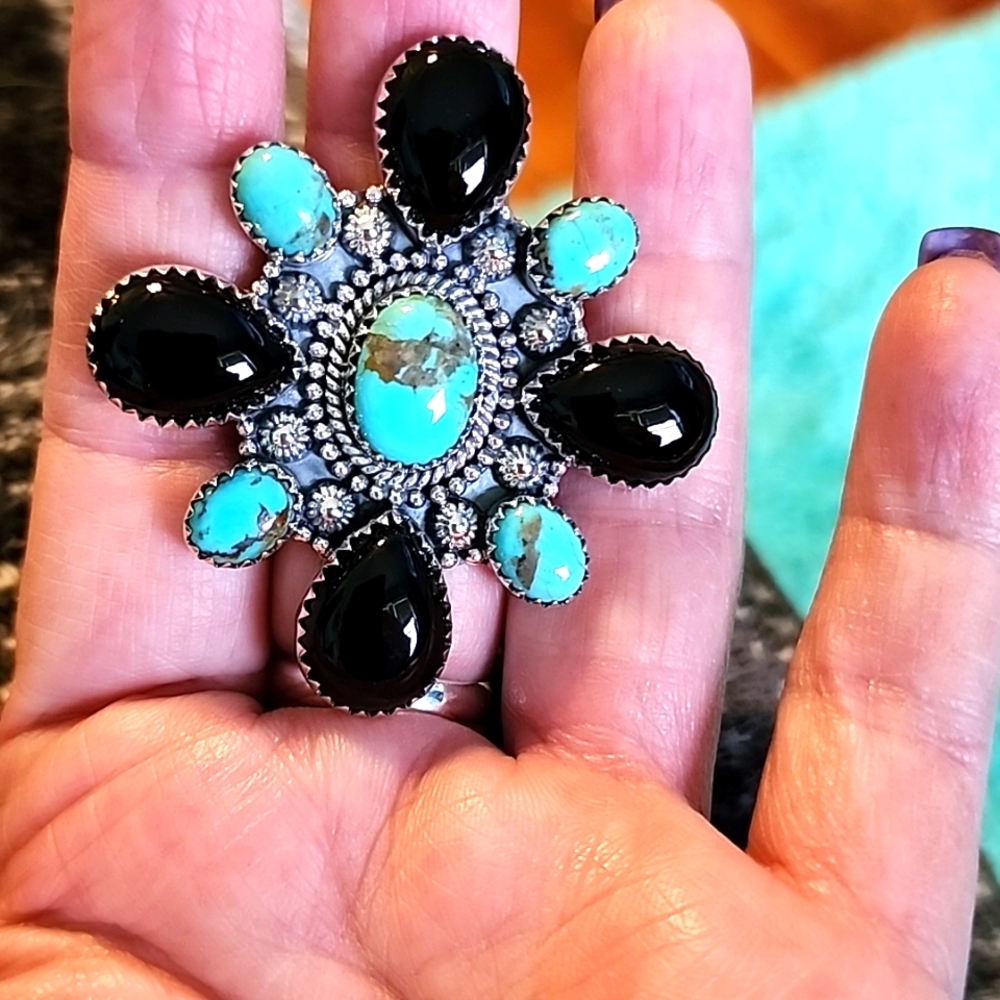 Huge turquoise and onyx sterling silver ring, sz 8.5
